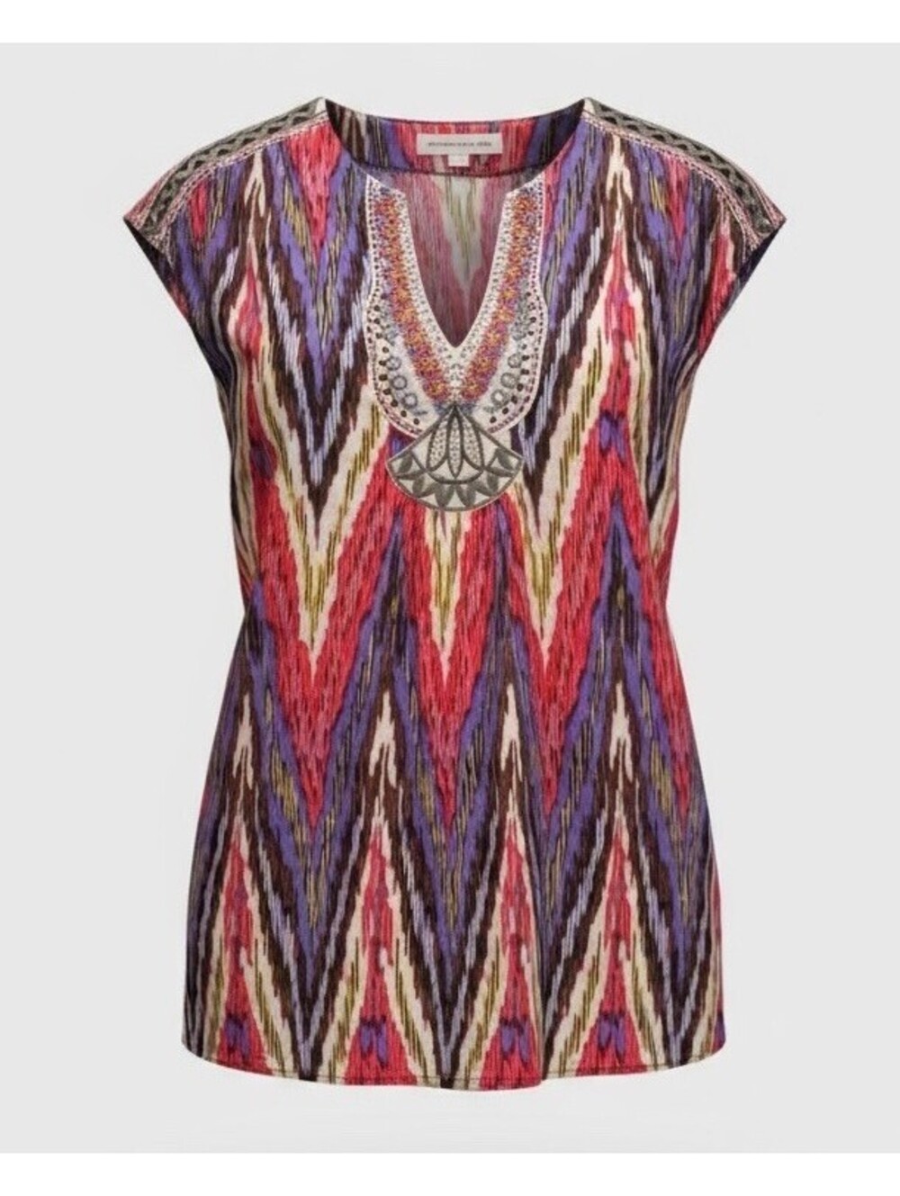 Nanette Lepore Boho Swim Cover-Up Shirt L Beaded Tunic Ikat Art To Wear